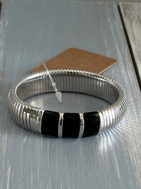 Vintage Monet Stretchy Bangle Bracelet Silver Tone W Black Enamel